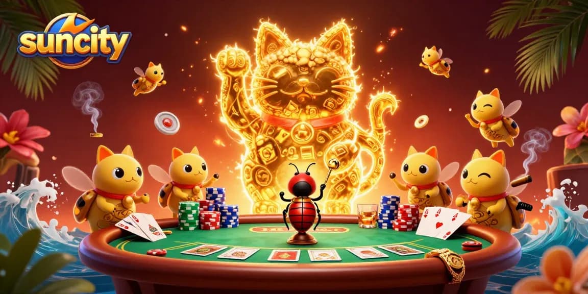 Engage with the vibrant suncity scene, featuring a lucky cat shaped by fireflies amidst poker elements.