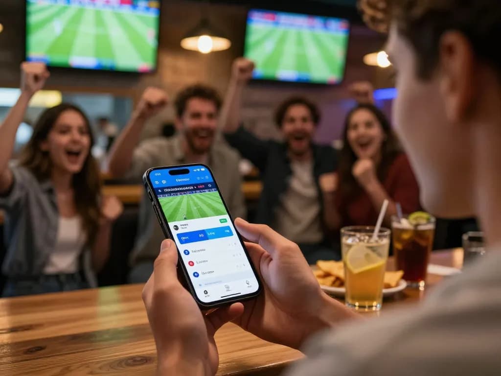 Engaging in soccer predictions on a smartphone amidst a lively sports bar atmosphere.