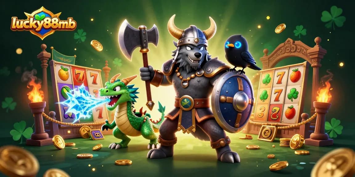 Experience thrilling gameplay at lucky88mb with Viking warrior, dragon, and coins in a vibrant casino scene.