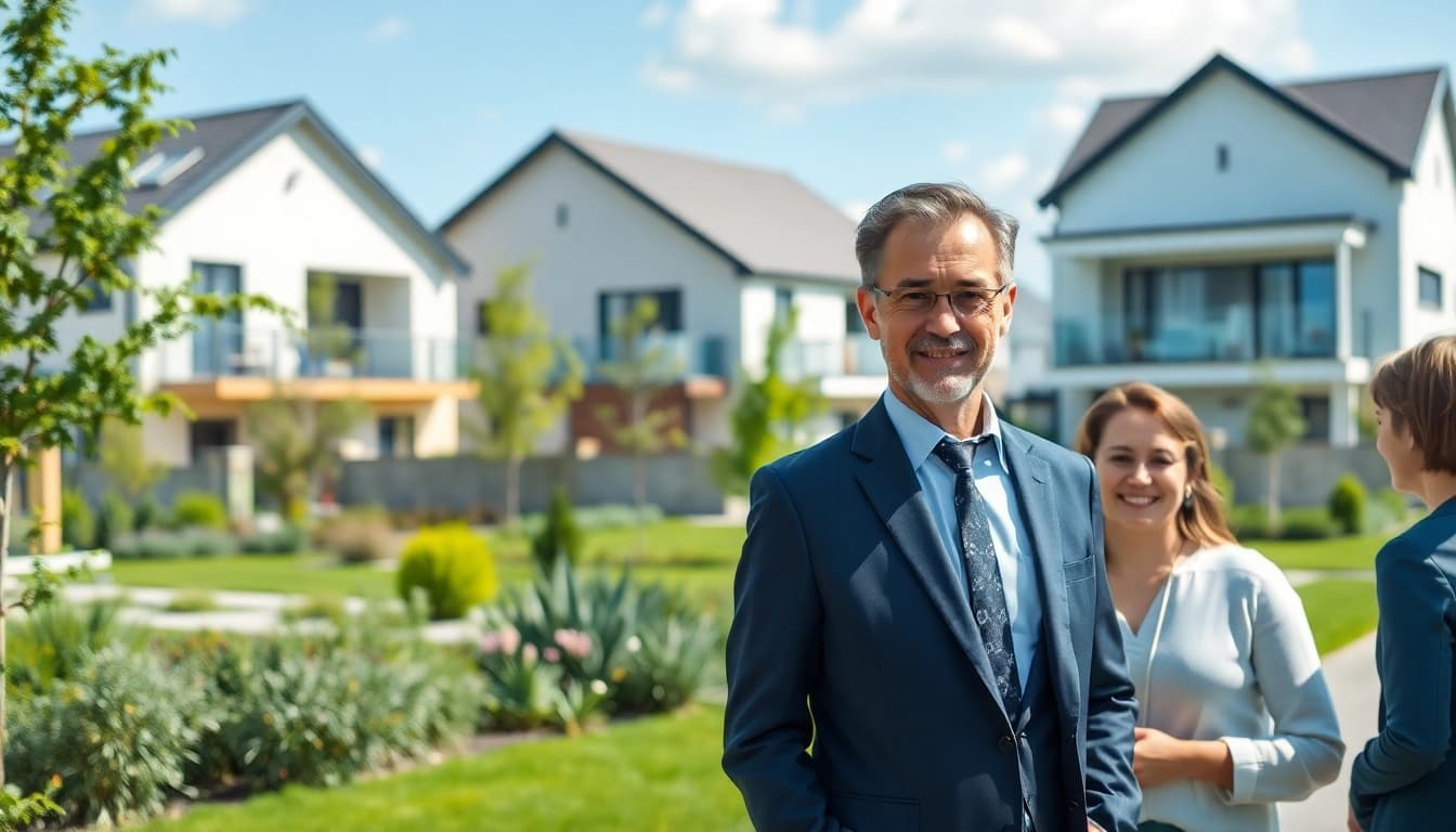 Immobilienmakler Frankfurt Riedberg berät ein junges Paar in einem modernen Wohngebiet.
