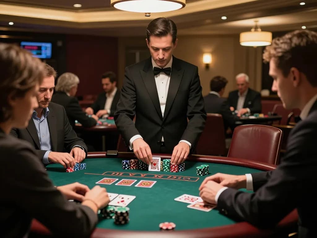 LLWIN Function enhances strategy at blackjack as players focus on their cards in an upscale casino.