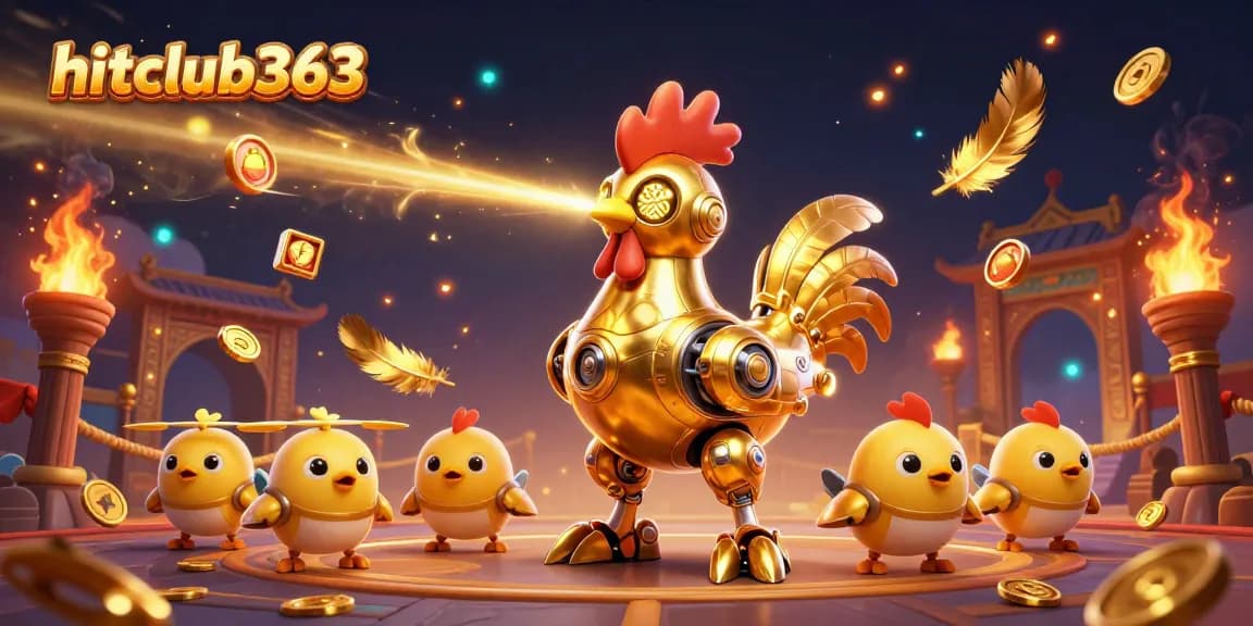 hitclub363 showcases a vibrant casino scene with a golden rooster robot surrounded by dynamic slot game features.