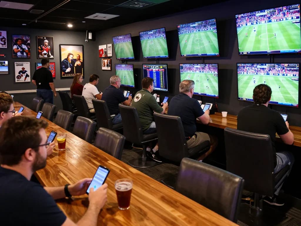VIN88 sports bettors actively strategizing their wagers in a vibrant lounge environment