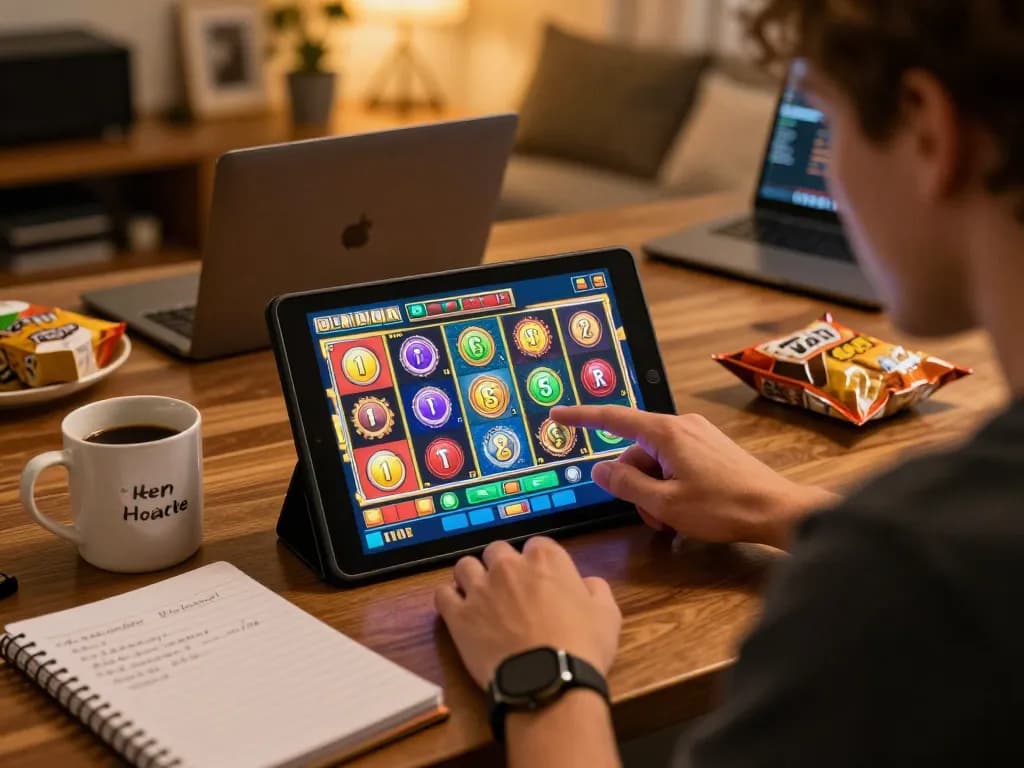 Player enjoying slot depo 10k games on tablet with vibrant graphics in a cozy home setting