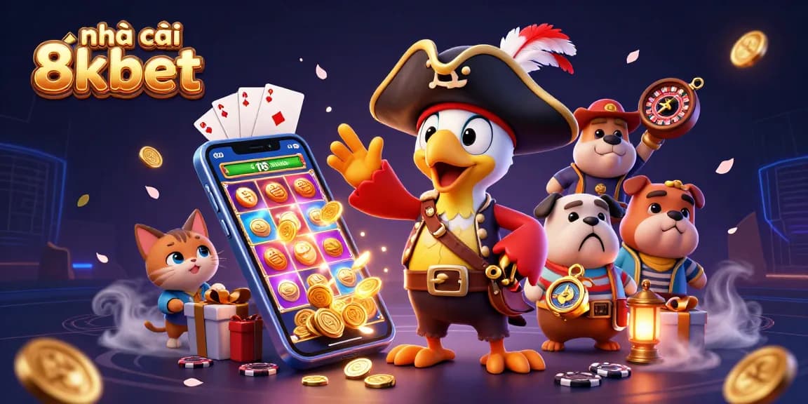 Engage with the exciting world of nhà cái 8kbet through this vibrant casino scene, featuring dynamic game elements and characters.
