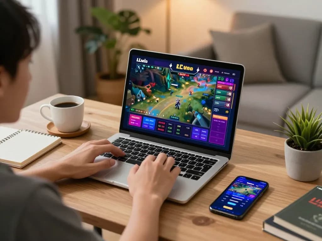 Player enjoying a dynamic game at nhà cái LLwin online casino interface in cozy home setup.