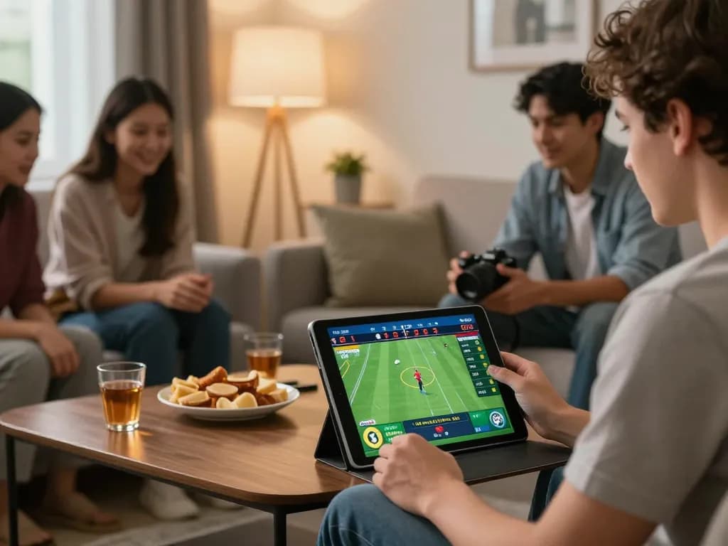 Betting on 789bet with friends, tablet displaying exciting sportsbook odds in a cozy setting.