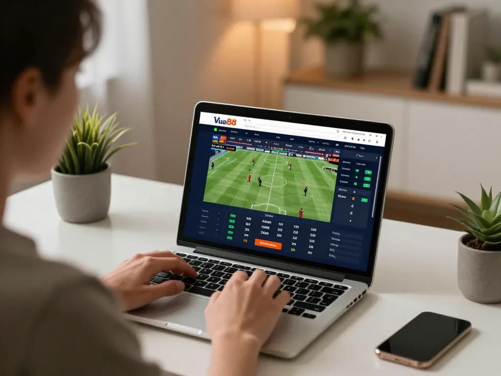 Placing bets through link vua88 on a laptop at a modern desk