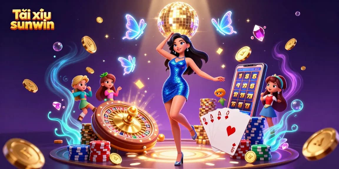Tài xỉu sunwin showcases an electric atmosphere with a glamorous dancer, sparkling chips, and vibrant casino elements.