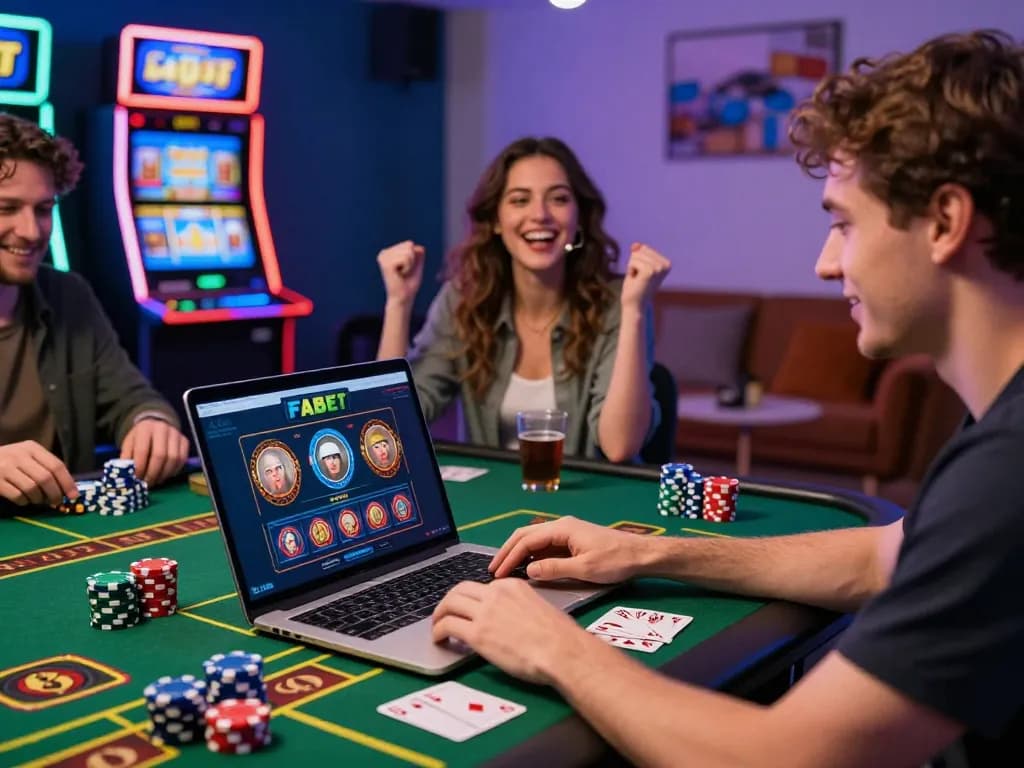 FABET online gaming scene with diverse players celebrating wins and enjoying a vibrant home gambling environment.