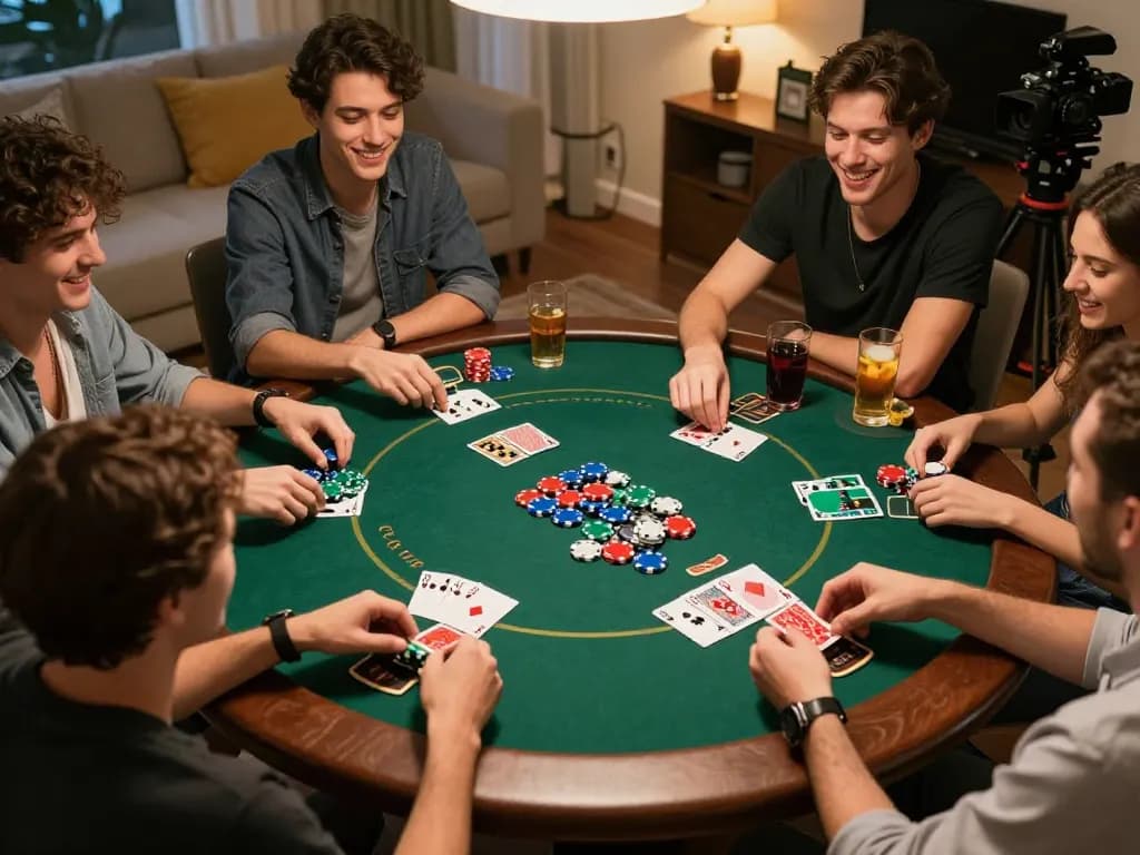 Join the excitement of home poker night at https://98win9.co.com/ with friends enjoying lively gameplay.