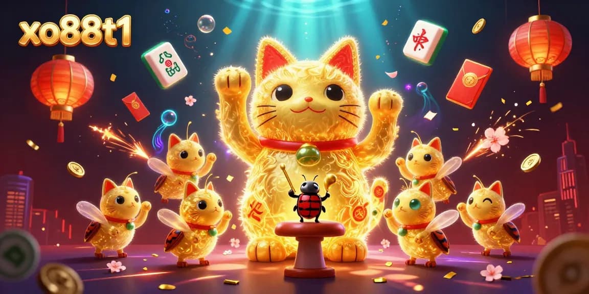 Engage with xo88t1's vibrant casino world featuring a lucky cat and floating symbols for superior gaming.