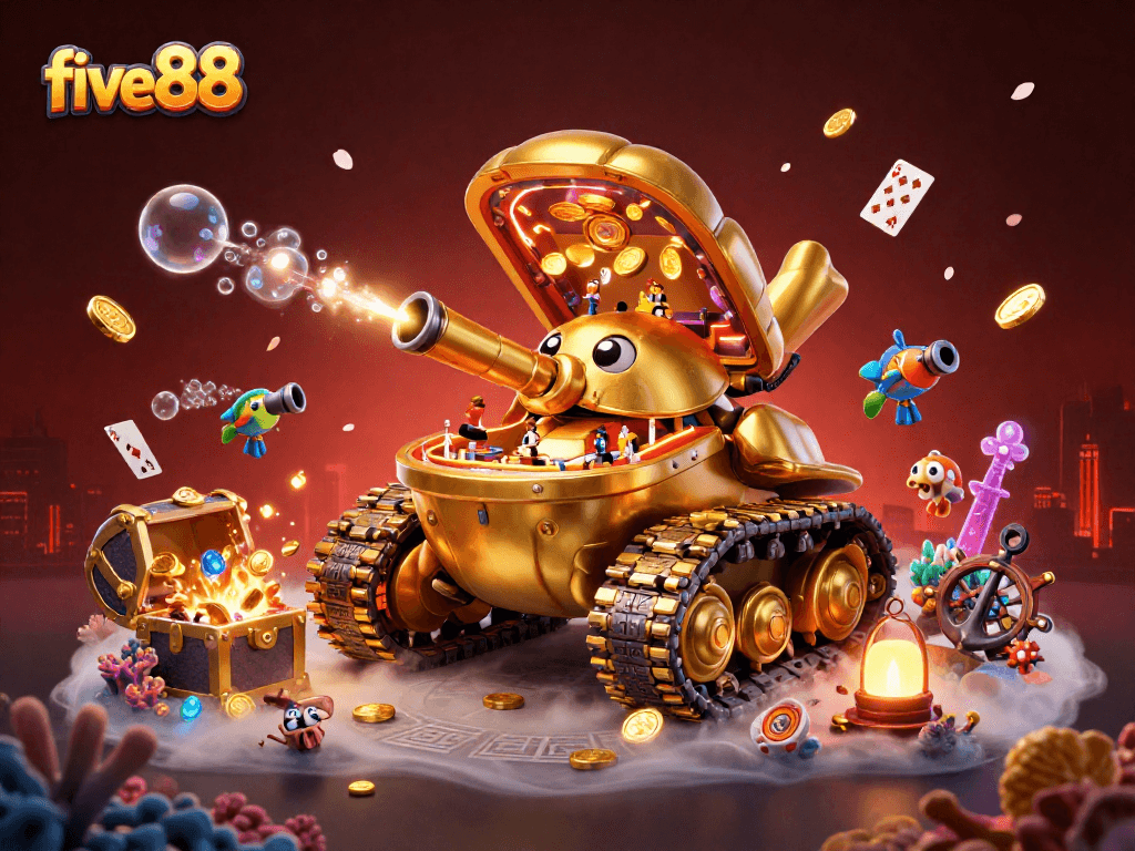 Join the thrilling action at five88 with a massive golden beetle tank showcasing a vibrant miniature casino.