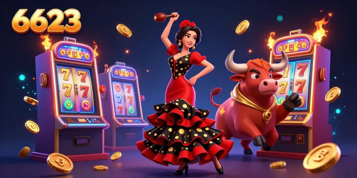 Engage in thrilling gambling at 6623 with a vibrant scene featuring slot machines, a striking dancer, and a cartoon bull.