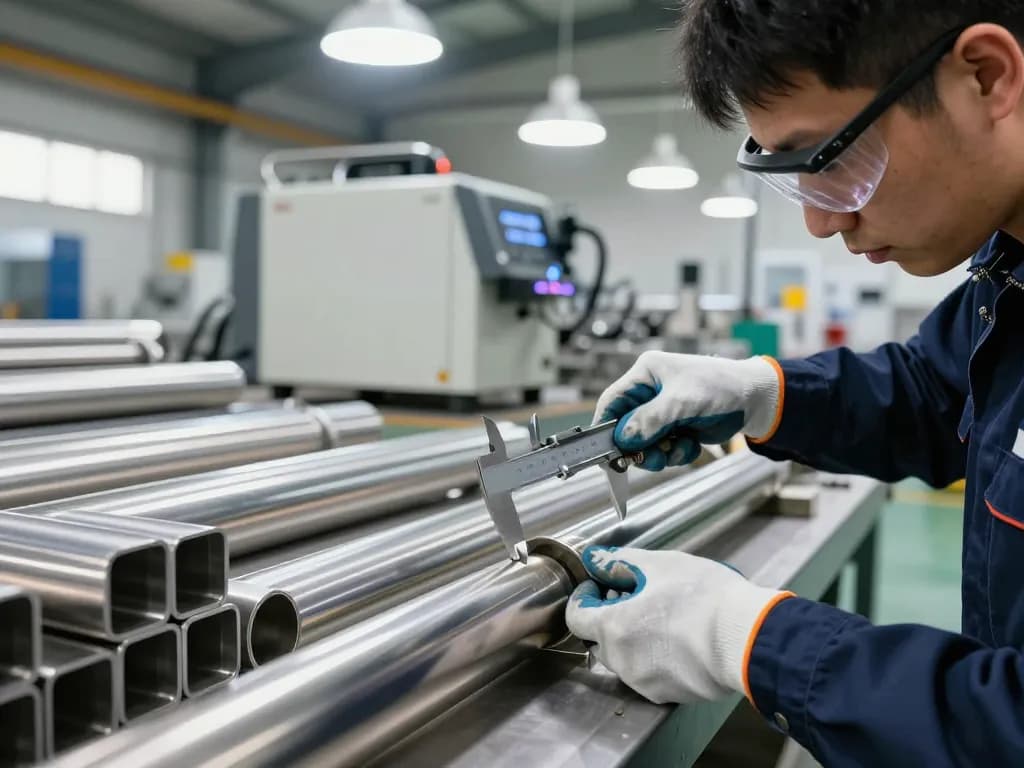 Technician measuring sumwin stainless steel pipes in a manufacturing facility.