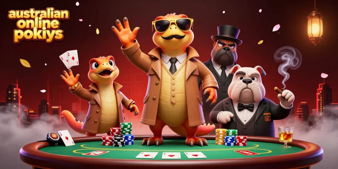 Play australian online pokies in a vibrant casino setting with fun, cartoonish raptors.