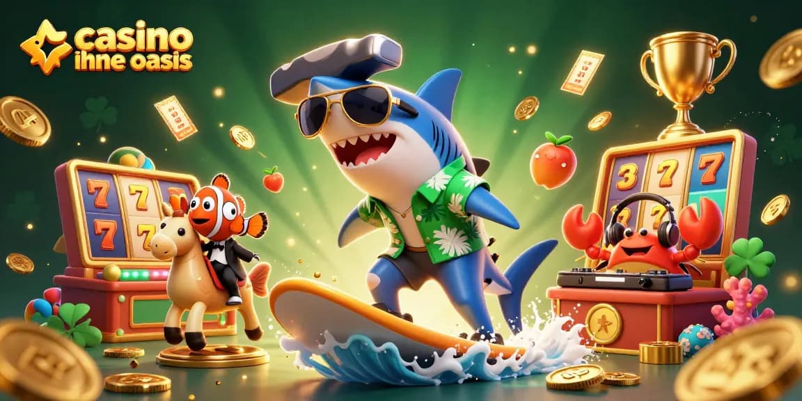 Engage in the excitement of casino ohne oasis with vibrant 3D characters surfing on gold coin waves.