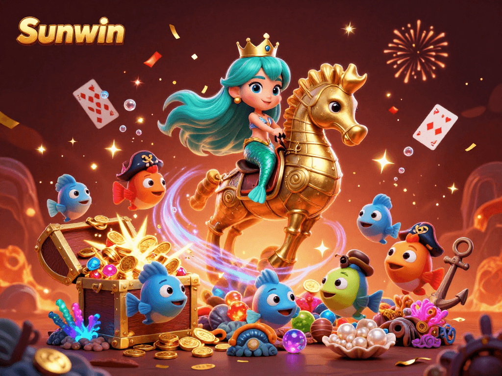 Win big with Sunwin at a colorful underwater casino adventure featuring lively characters.