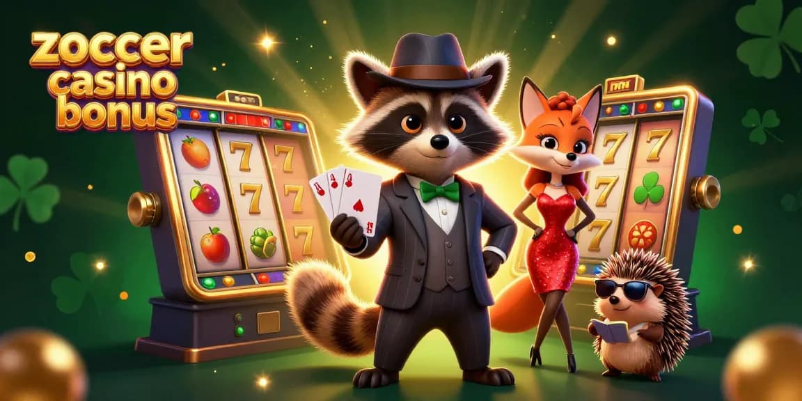 Zoccer casino bonus highlights a wealthy raccoon winning at slots surrounded by glamour and excitement.