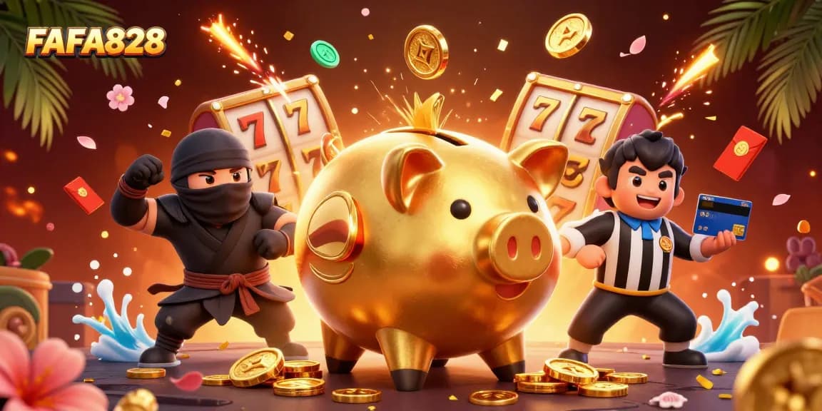 Experience the excitement of FAFA828 with a dynamic piggy bank character amidst gold coins and slot reels.