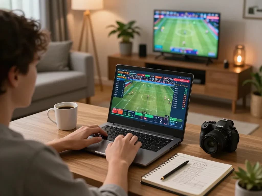 Experience thrilling sports betting on nk88 with a person using a laptop at home.