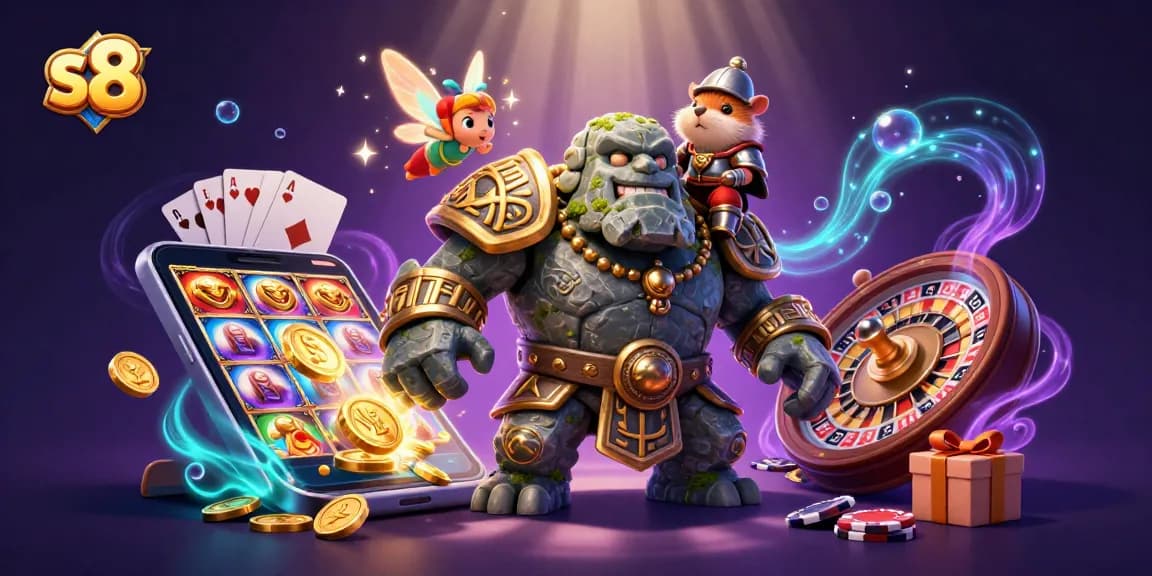 S8 gamers enjoy colorful slot reels and golden winnings in a magical online casino world.