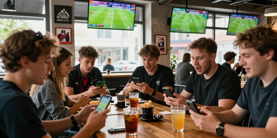 wetten fussball in einem lebhaften Sportbar mit Freunden, die ihre Wetten platzieren und das Spiel verfolgen