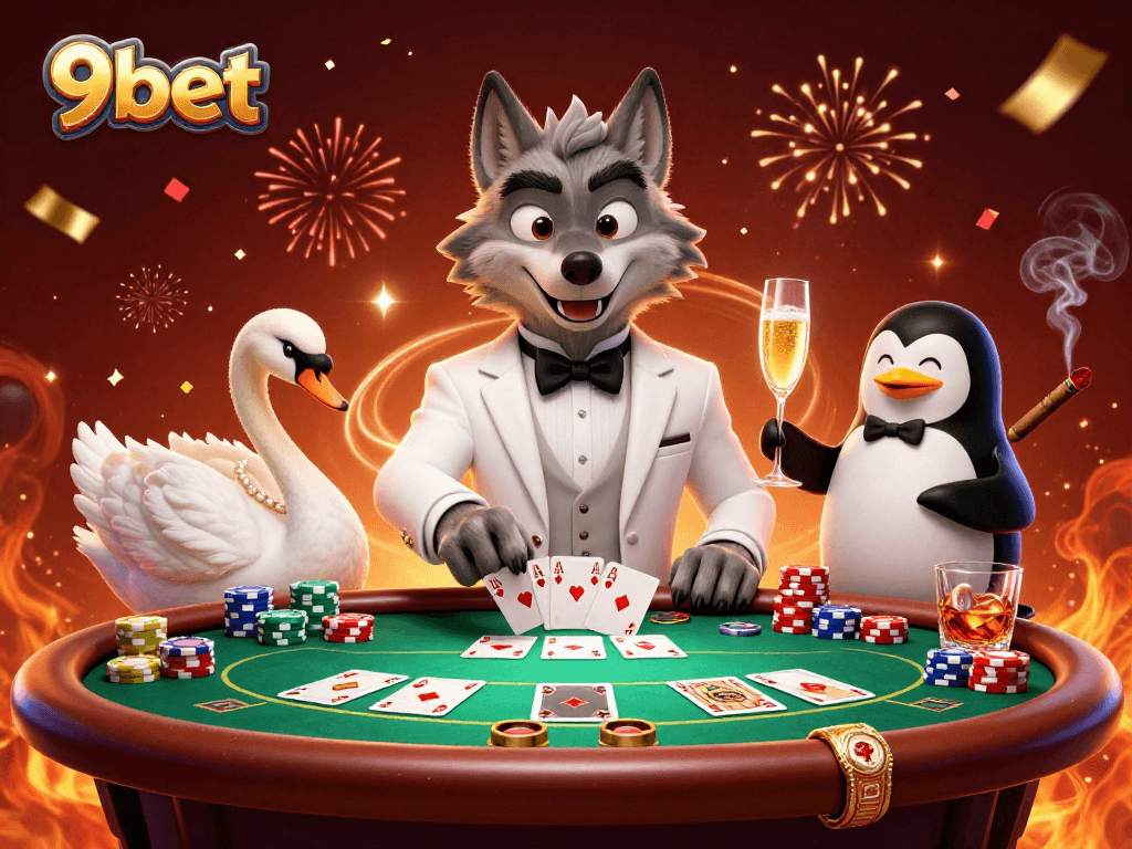 Win big at 9bet with a glamorous baccarat scene featuring a debonair wolf, swan dealer, and penguin sommelier