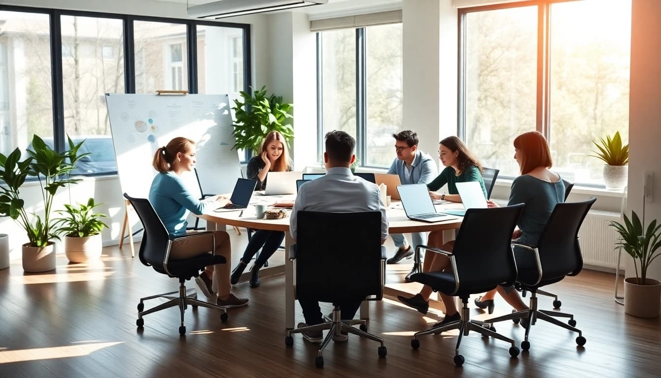 Creative team brainstorming at werbeagentur pflege in a modern office.