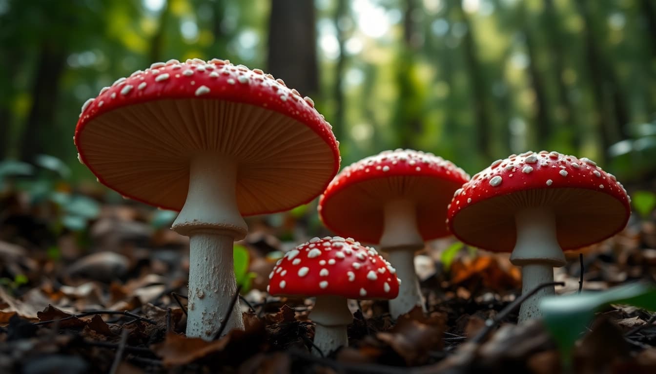 Fliegenpilz kaufen mit detailreichen, leuchtenden Kappen in einem magischen Waldsetting.