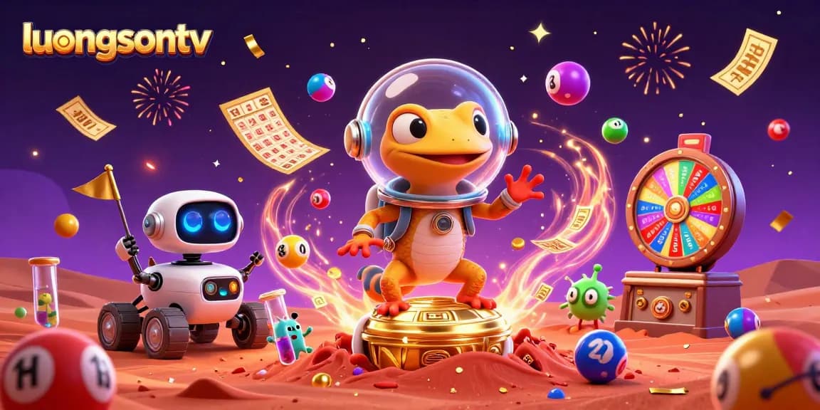 Experience luongsontv's vibrant gambling scene with lottery balls and a Martian gecko exploring a golden casino.