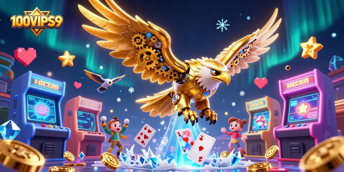 Engage in thrilling action with 100VIPS9's vibrant casino games amidst holographic visuals.