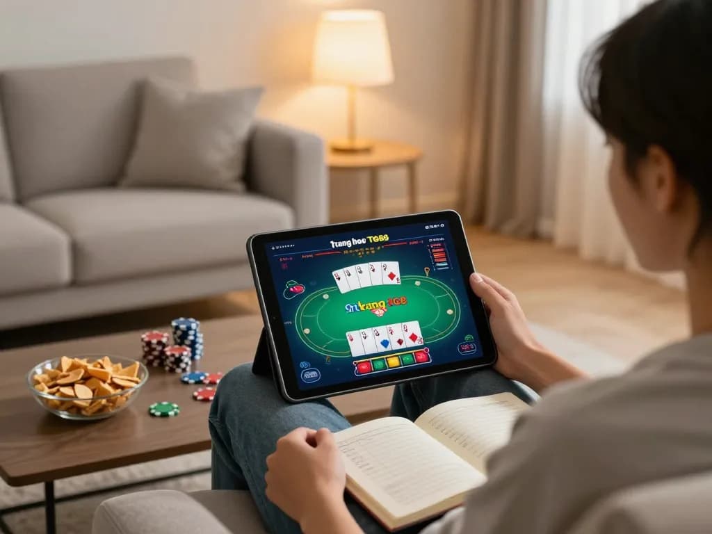 Engaging online gaming experience on trang chủ TG88 with vibrant poker action on tablet amidst a cozy home setting.