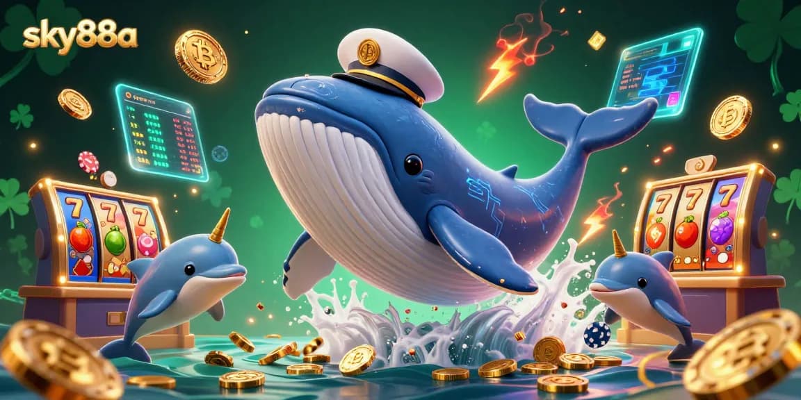 Join the fun with sky88a as a whale and friends game amidst coins and crypto elements.