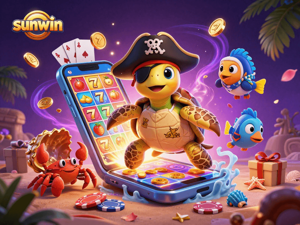 Engage with sunwin through an exciting 3D casino scene featuring colorful slot games and treasure.