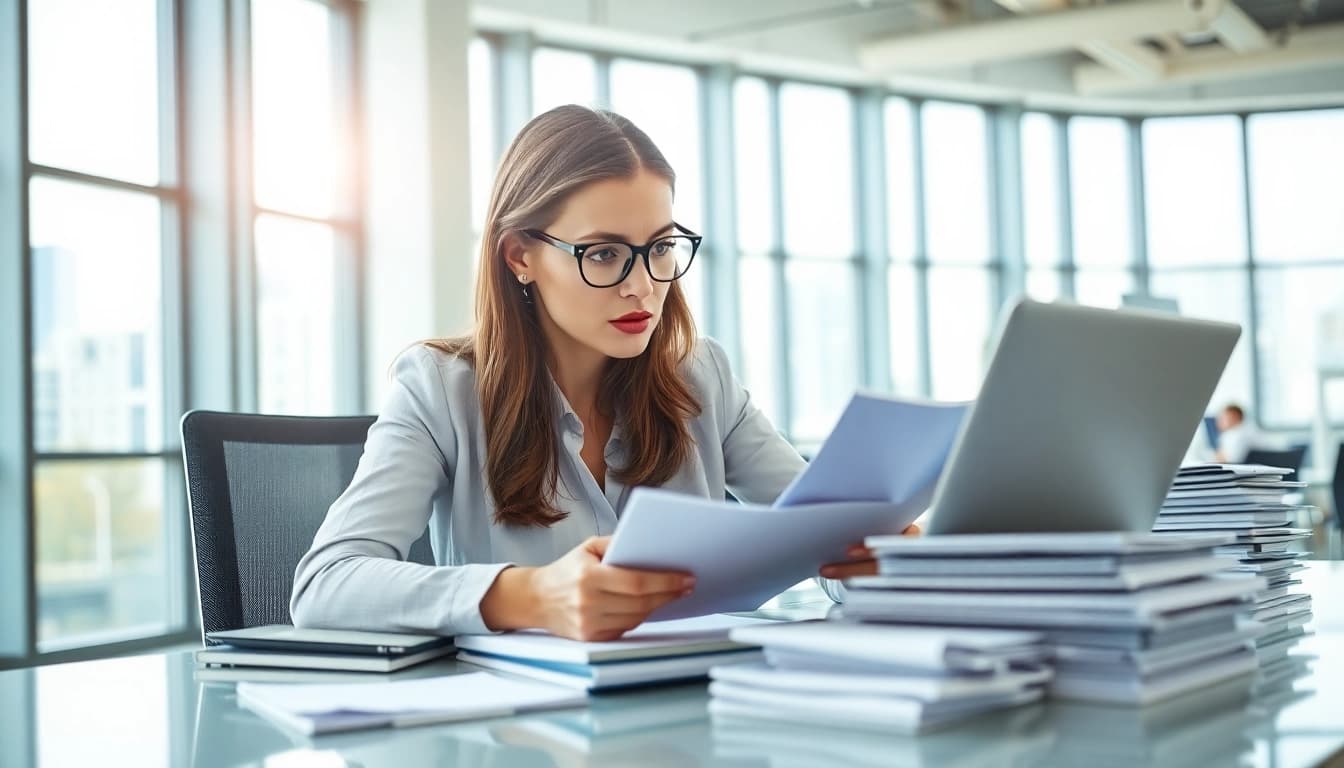 E-Rechnungen analysis in a modern office setting by a focused businesswoman.