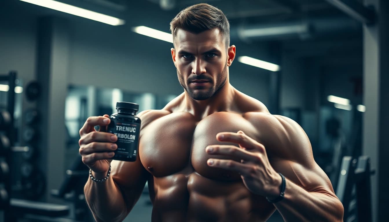 Trenbolon kaufen: Athlet zeigt Krafttraining mit Supplements in einem Fitnessstudio.