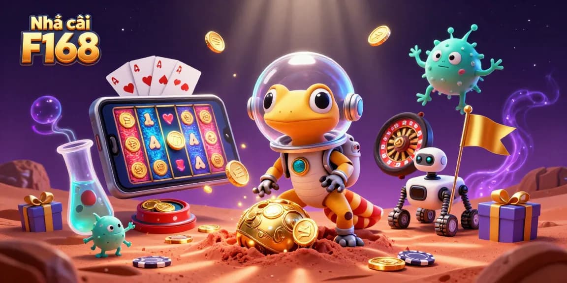 Engage with Nhà cái F168 in a vibrant casino world filled with slots, cards, and golden treasures.
