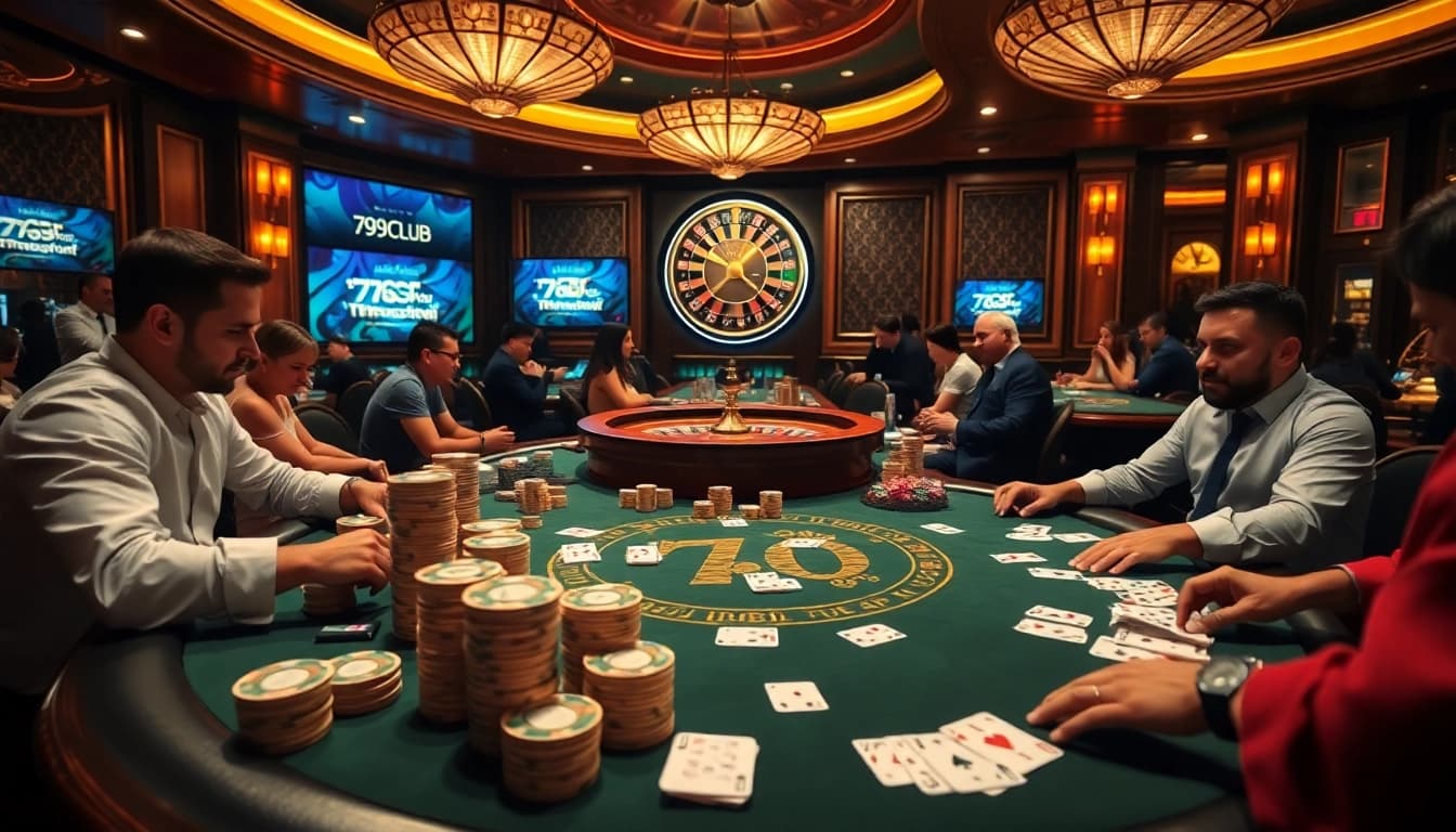 Engaged players at a luxury poker table in the 789club casino experience excitement with high-stakes betting.