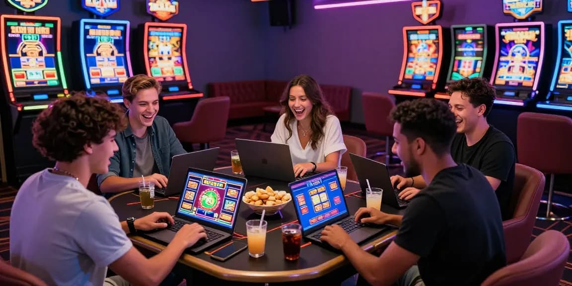 Enjoying rokok 88 online slots in a lively gaming room with friends.