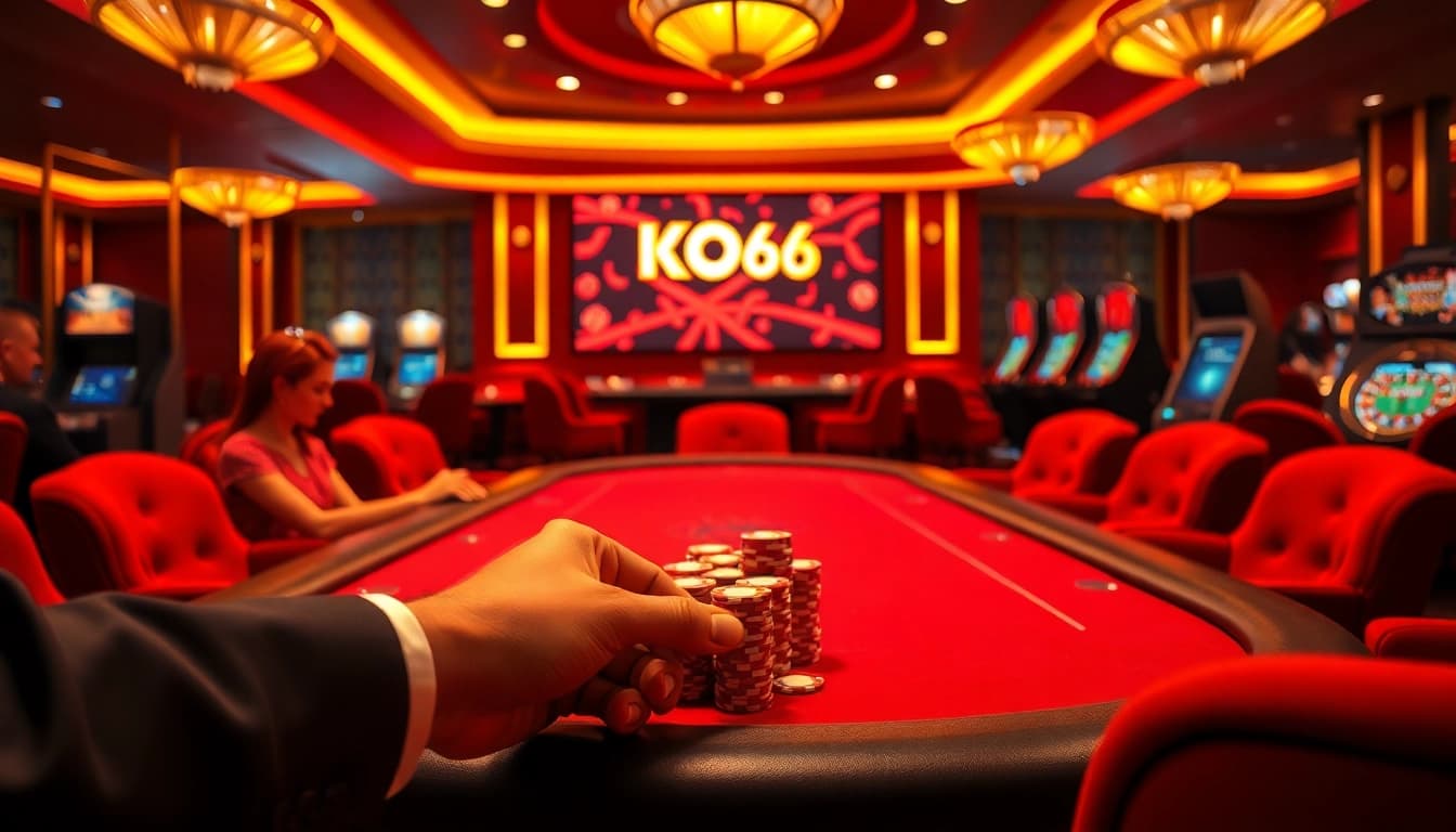 Trải nghiệm sự phấn khích của trò chơi poker KO66 tại một bàn casino sôi động.