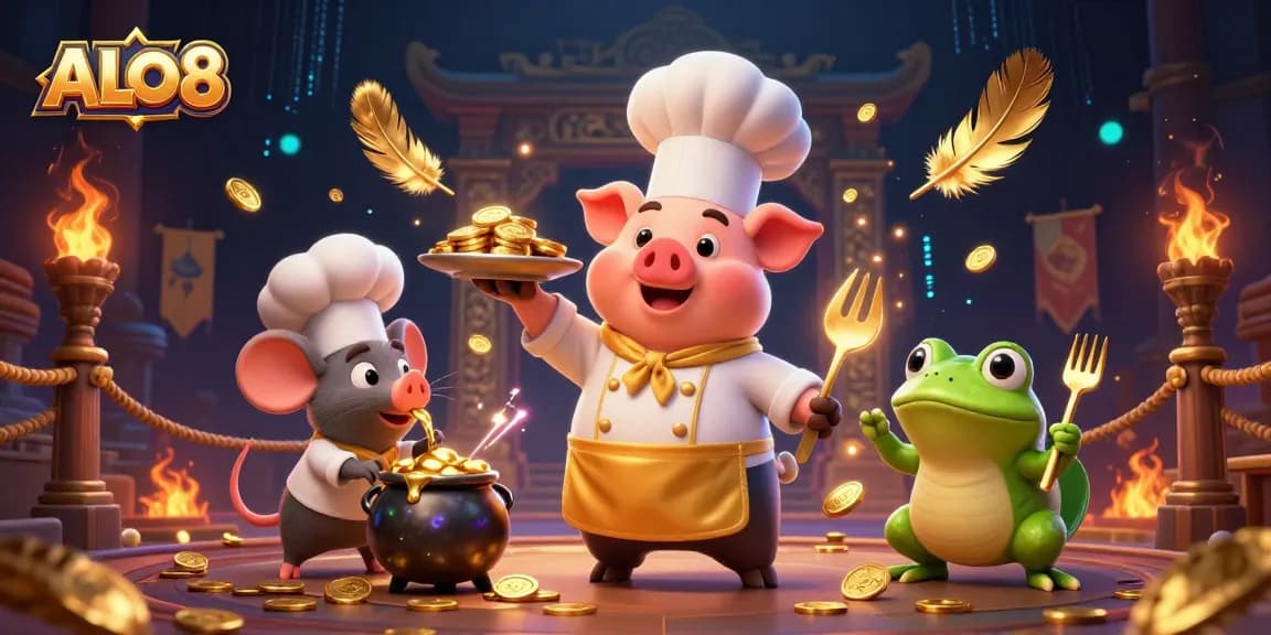 Try winning big with ALO8's vibrant casino adventure featuring gold coins and festive characters.
