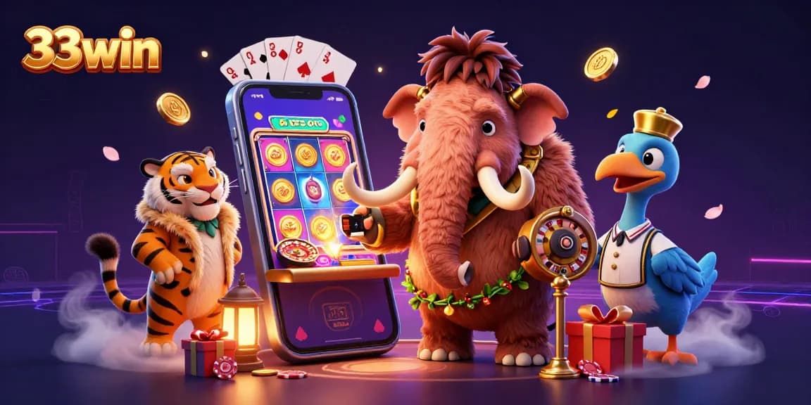 Experience the excitement of 33win with characters showcasing vibrant casino life, slot games, and more.