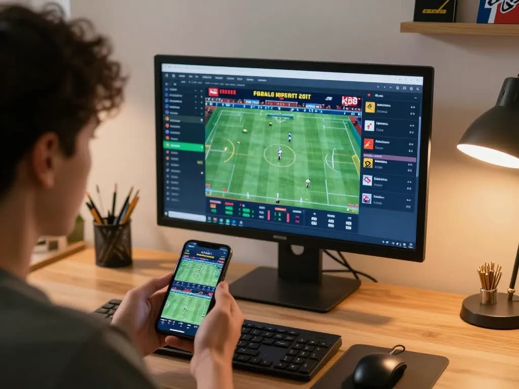 Engaged user analyzing kp88 sports betting odds on dual screens during live games.