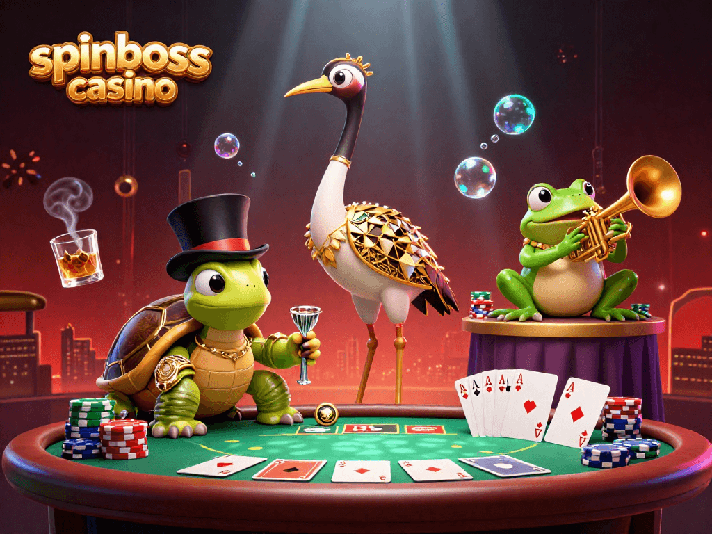 Erleben Sie spannende Action im spinboss casino mit 3D-Cartoon-Illustrationen in einem lebendigen Casinobereich.