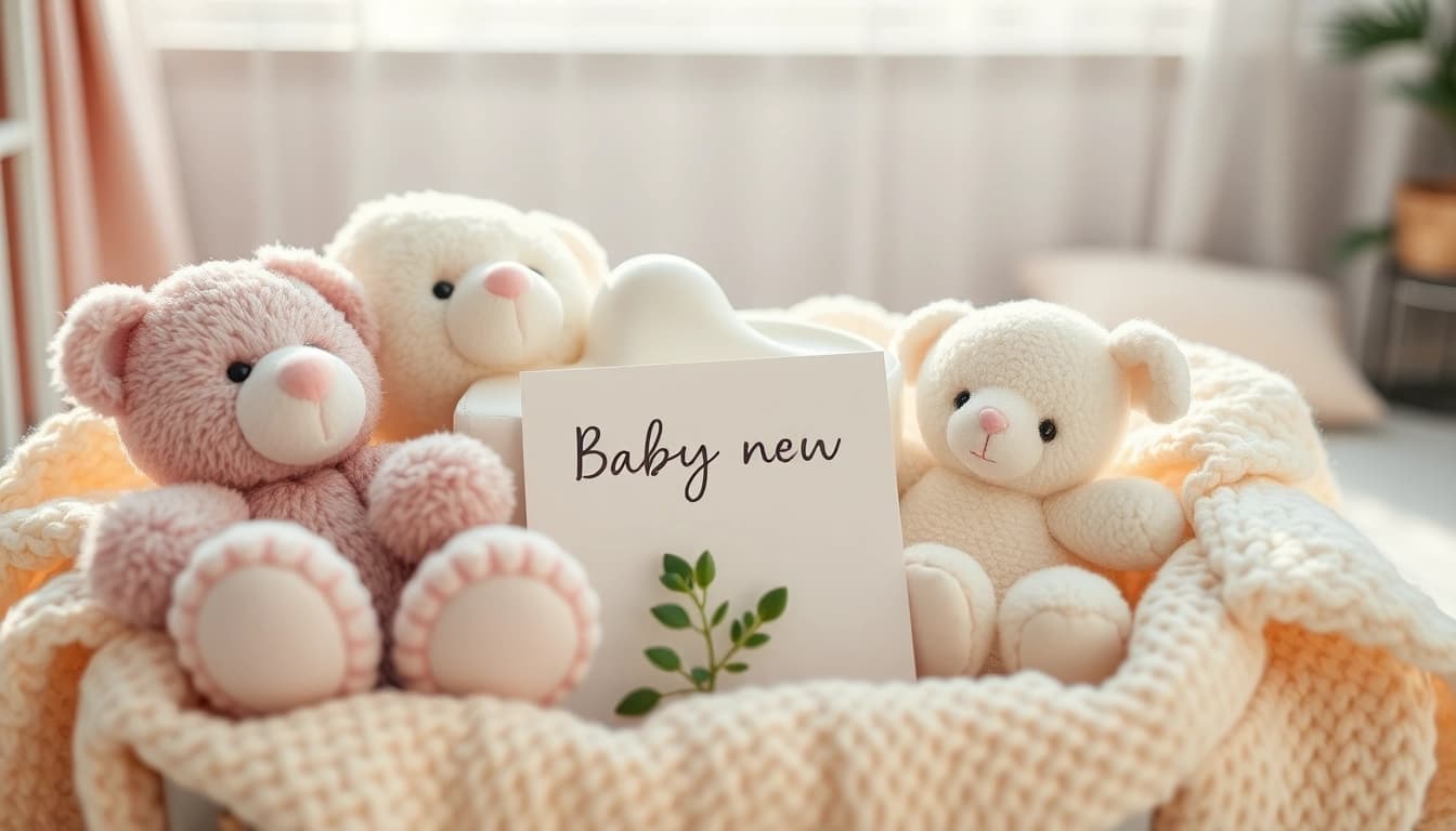 Geschenk zur Geburt mit personalisierten Babyartikeln in einem gemütlichen Kinderzimmer.
