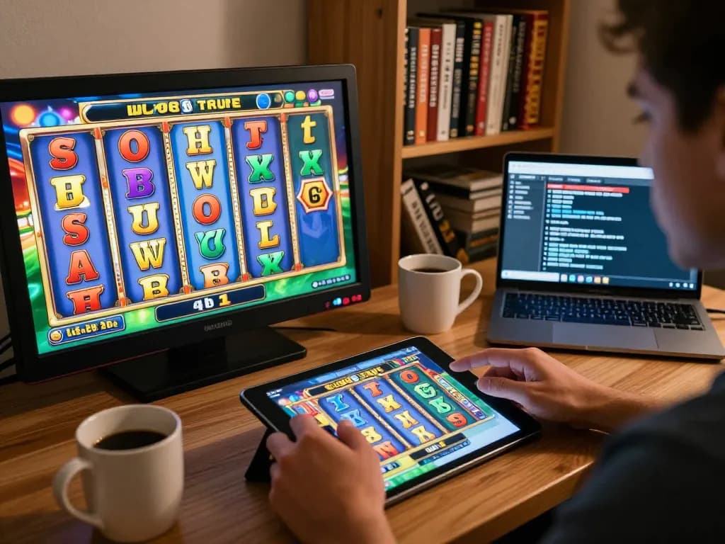Người chơi LUCK8 quay slot trên máy tính bảng trong một không gian ấm cúng, thể hiện sự hào hứng khi chơi trò chơi trực tuyến.