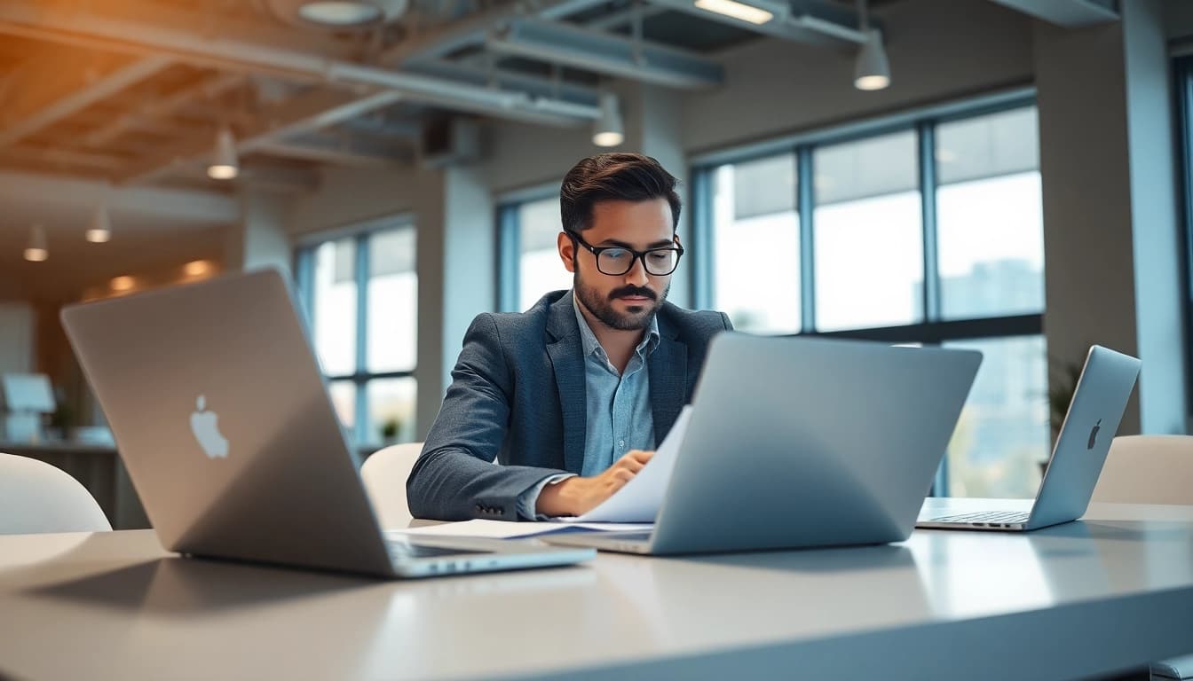 Headhunter Ingenieure überblickt Bewerbungen in einer modernen Büroumgebung