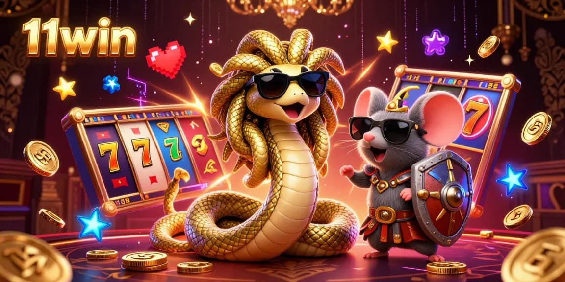 Engage with thrilling casino action at 11win, featuring Medusa and a warrior mouse amidst lively slot reels.
