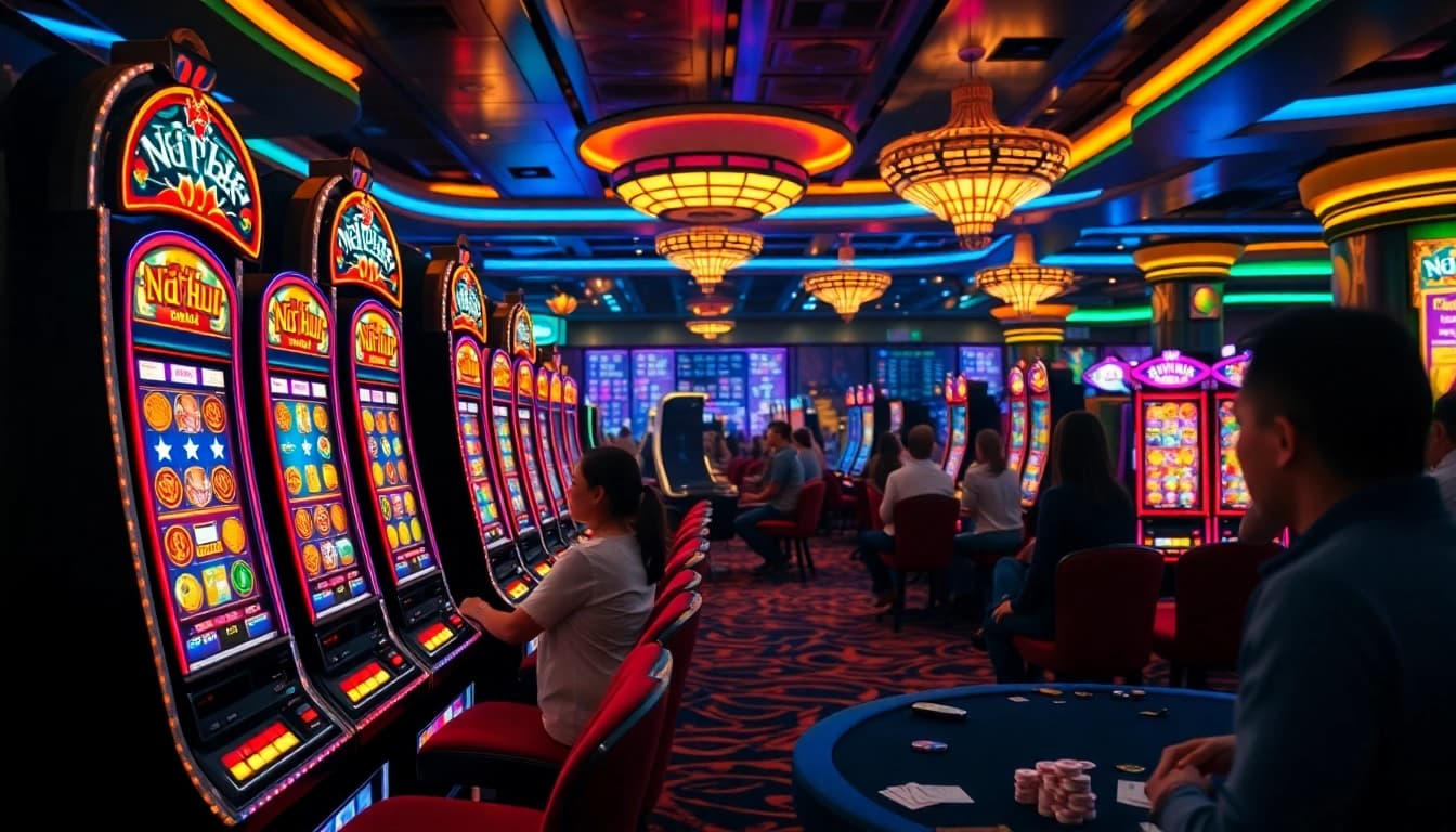 Exciting nổ hũ casino scene with players engaged in playing slot machines.